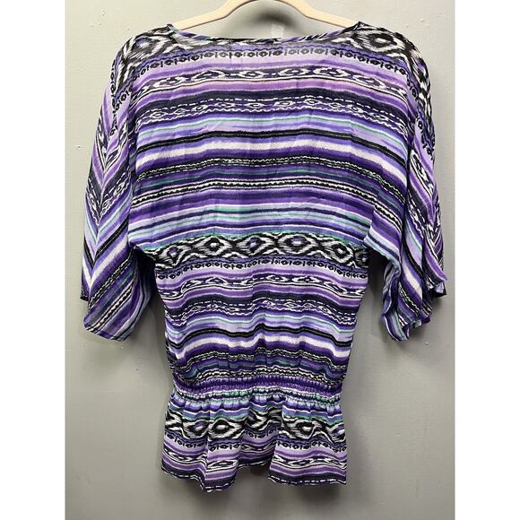 Chico's Top Womens Size 0 Small Polyester Tribal Peplum Waist Purple Semi‎ Sheer - Picture 2 of 7
